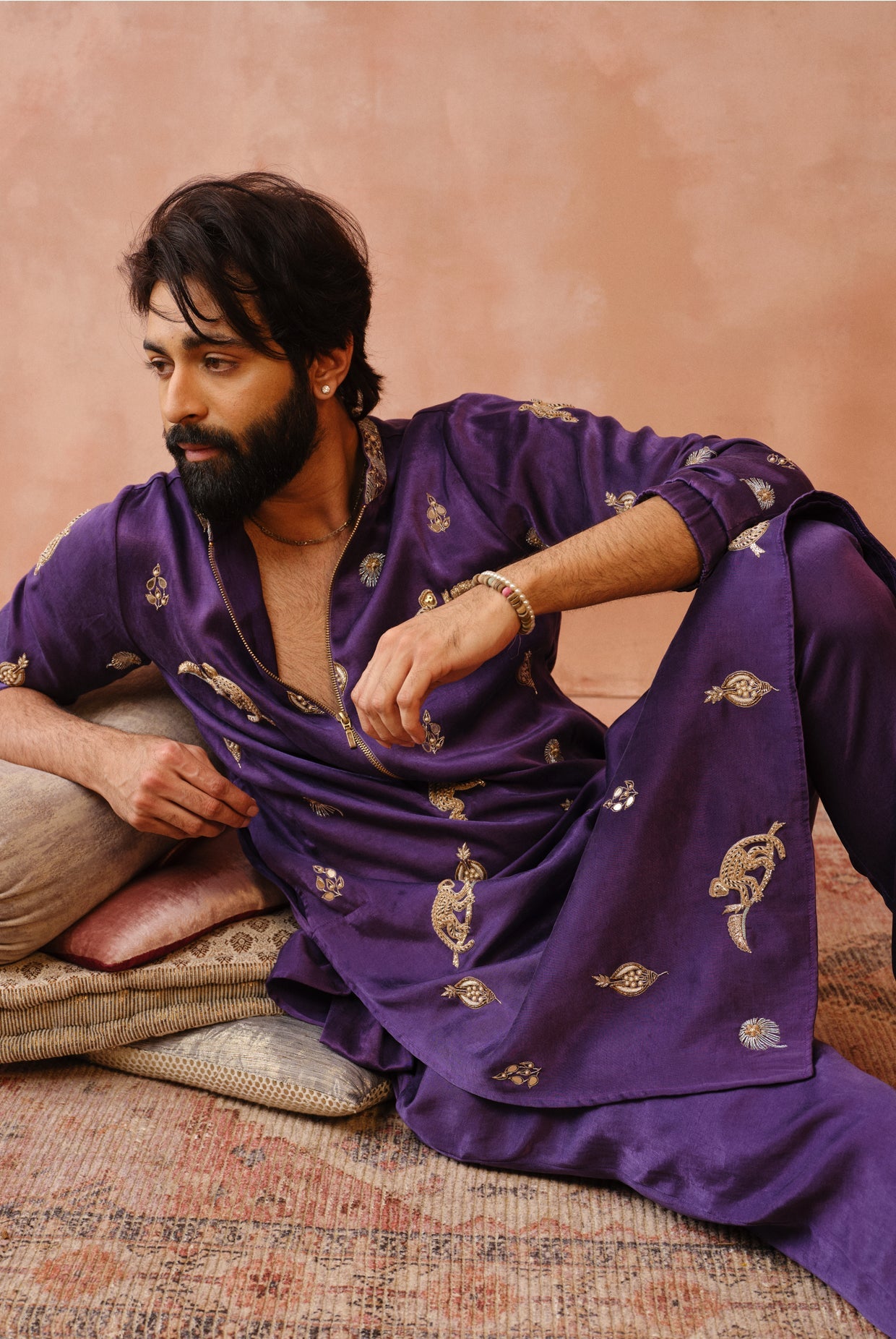 Purple Embroidered Bomber Kurta With Jogger Pant