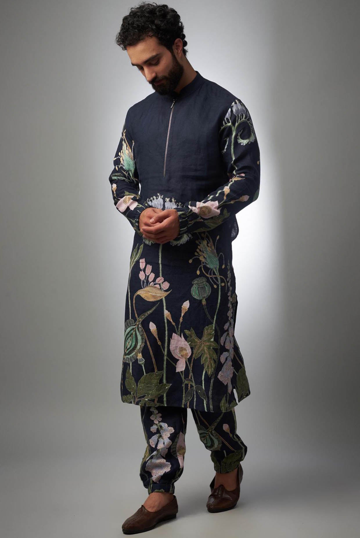 Navy Printed Linen Bomber Kurta With Jogger Pant