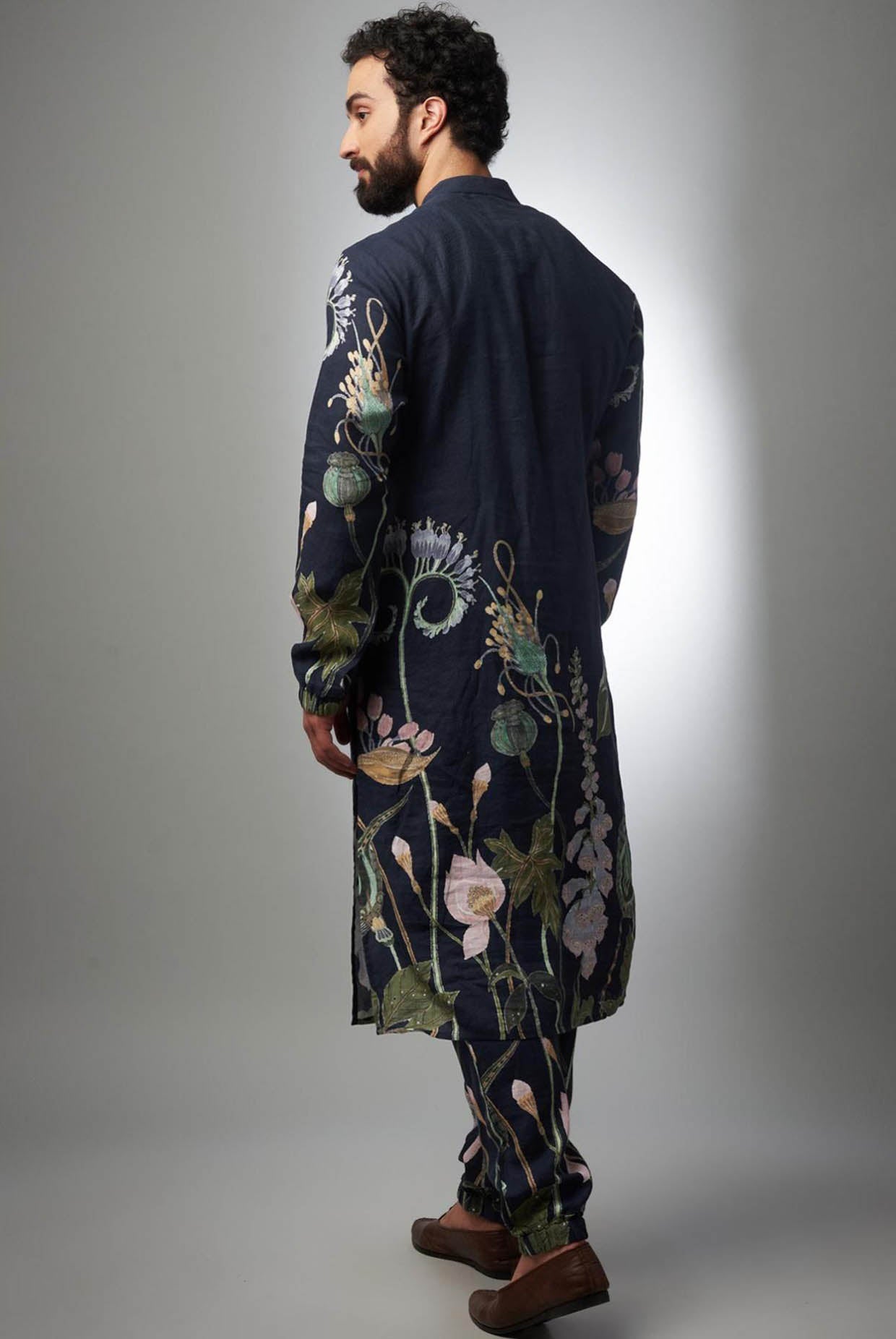 Navy Printed Linen Bomber Kurta With Jogger Pant
