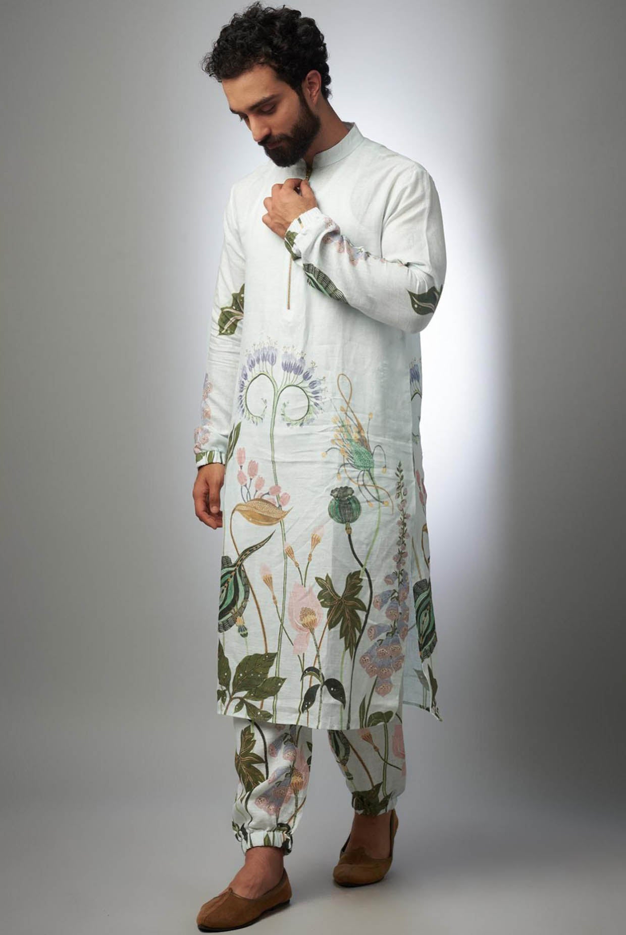 White Printed Linen Bomber Kurta With Jogger Pant