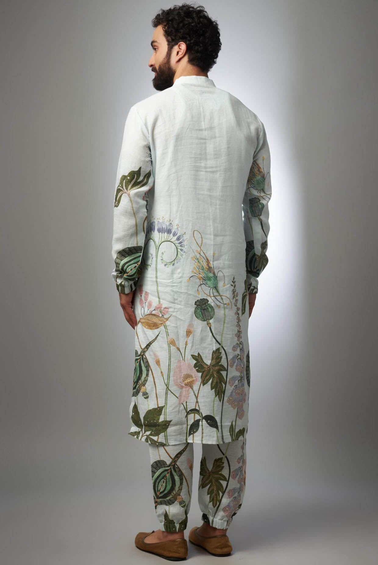 White Printed Linen Bomber Kurta With Jogger Pant