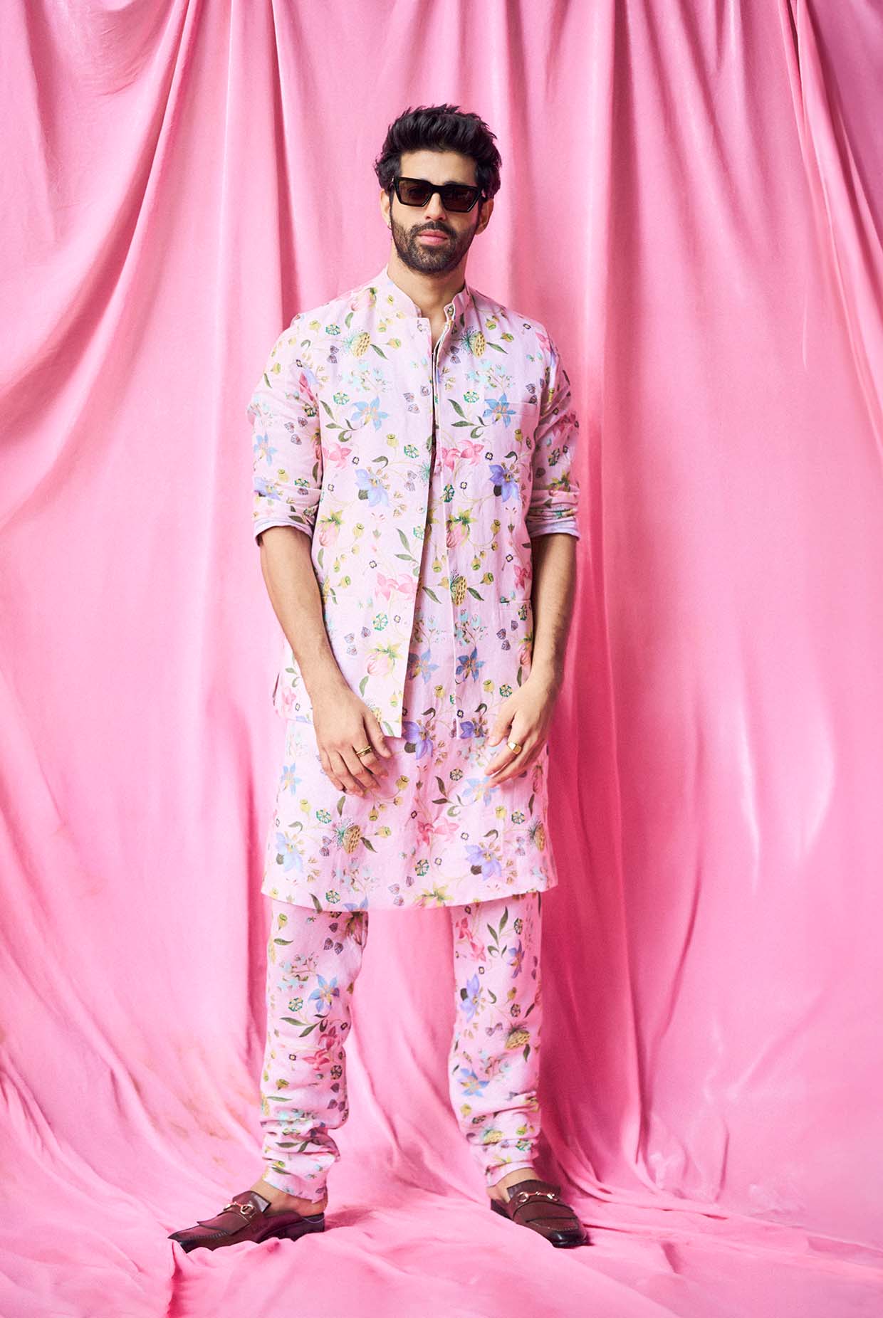 Rose Pink Nargis Print Bandi And Kurta With Churidar