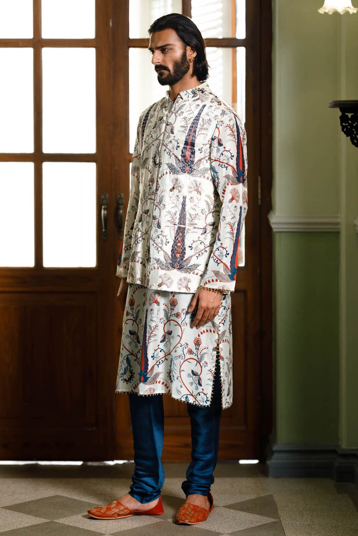 Blue Embroidered Forest Whisper Printed Bandi And Printed Kurta With Churidar