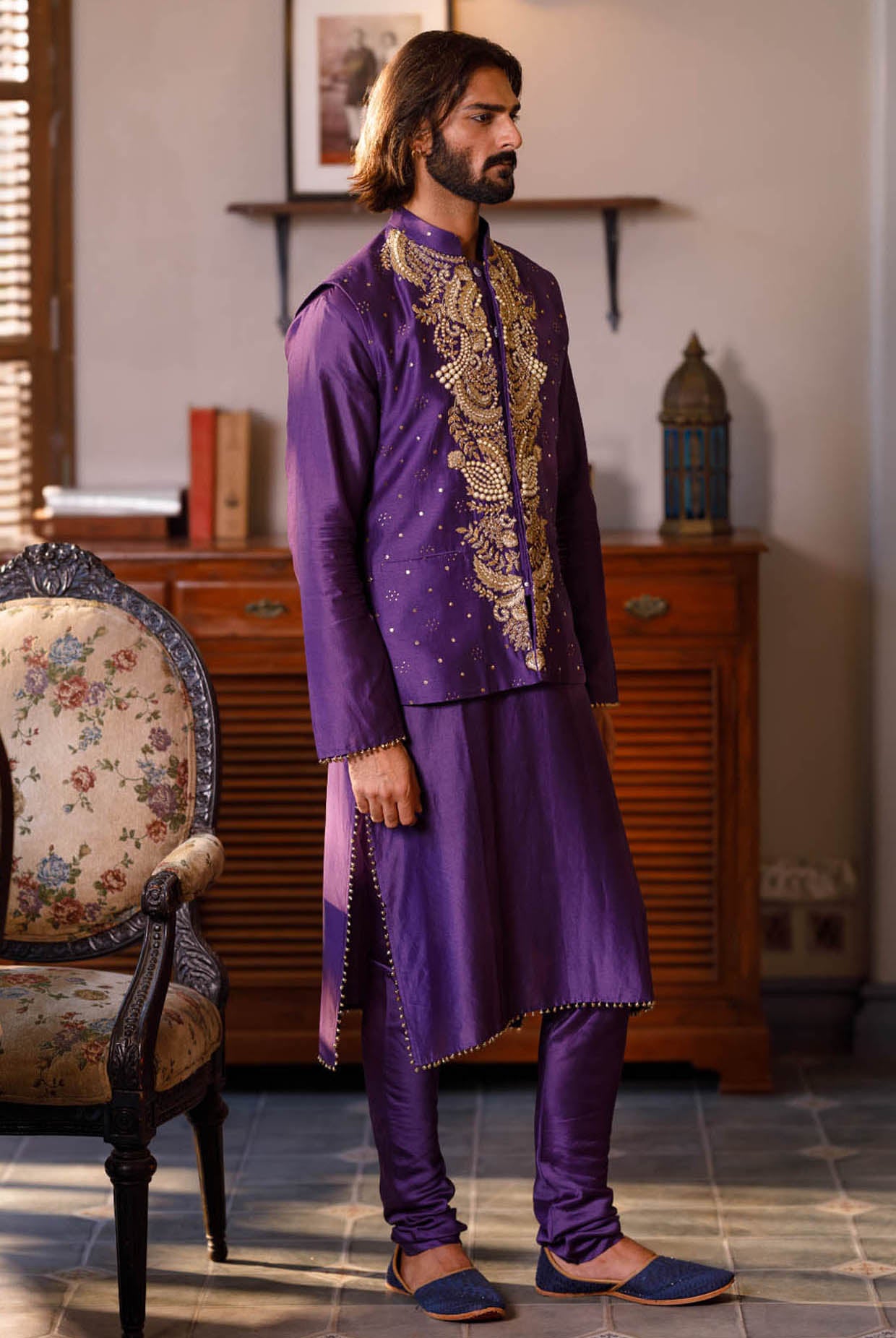 Purple Embroidered Bandi With Kurta And Churidar
