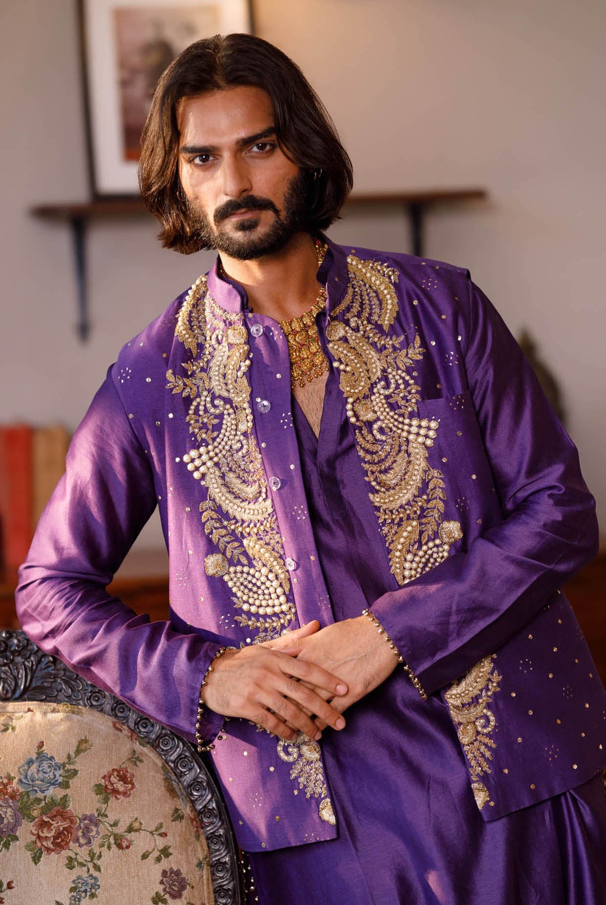 Purple Embroidered Bandi With Kurta And Churidar
