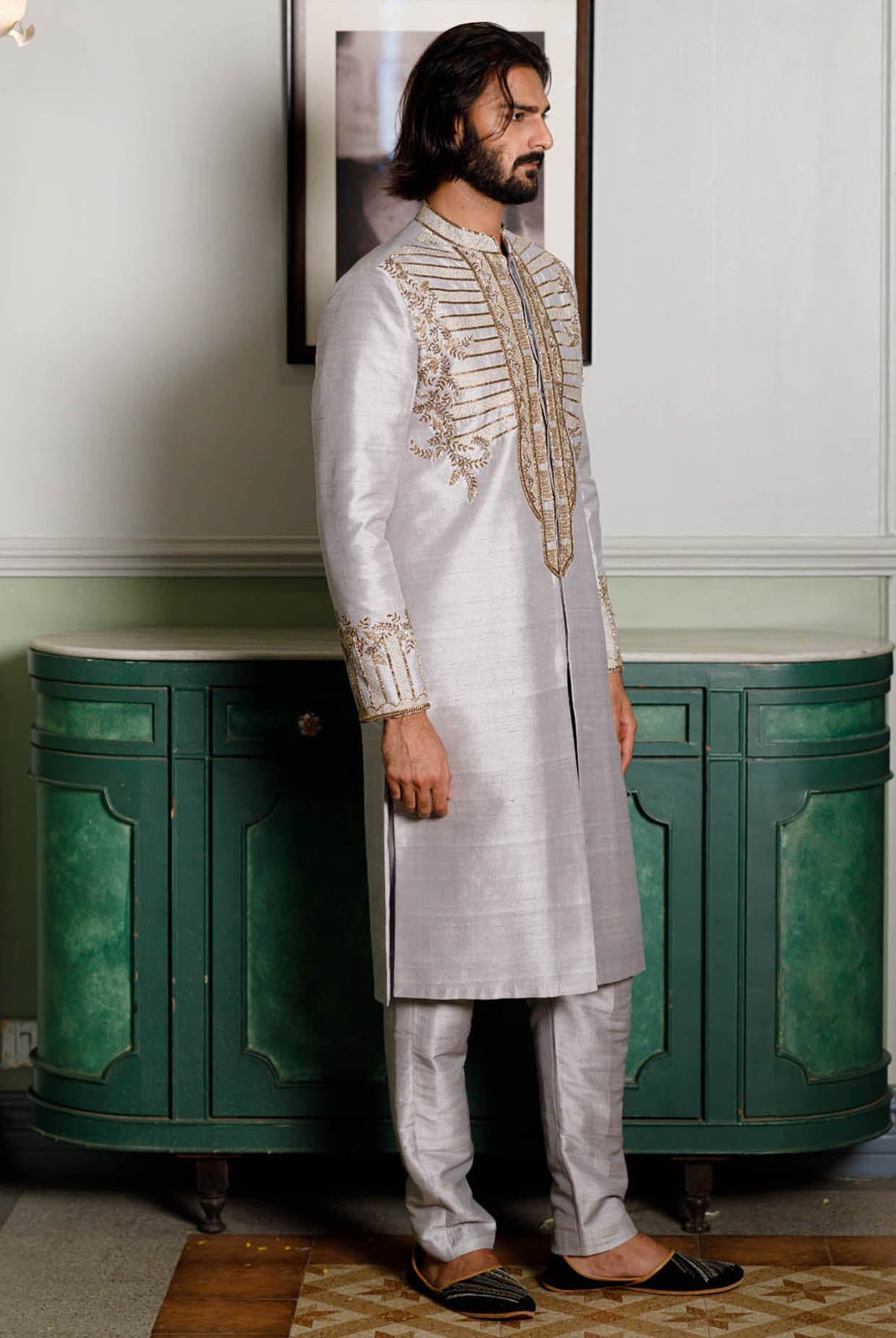 Grey Embroidered Sherwani With Pant