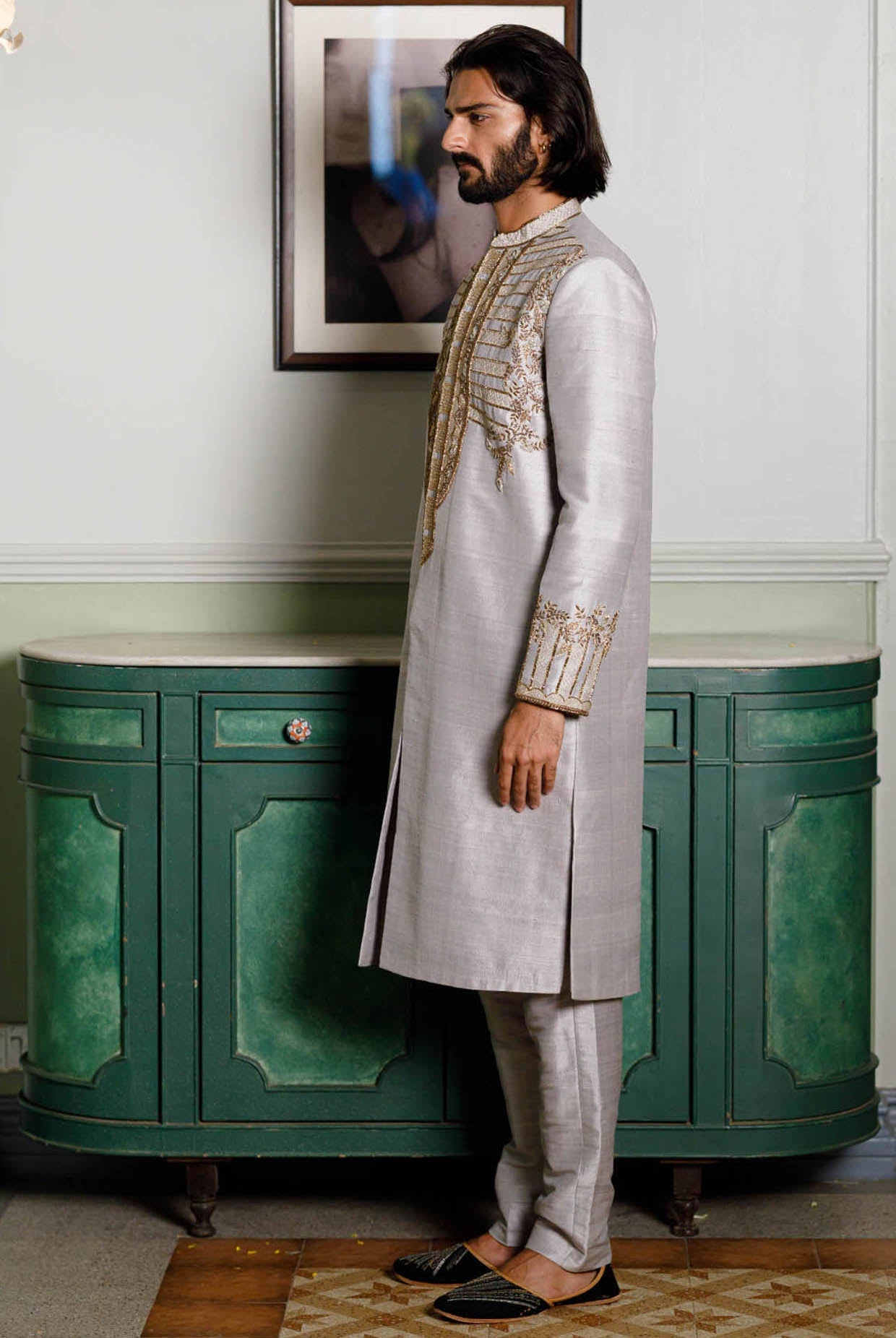Grey Embroidered Sherwani With Pant