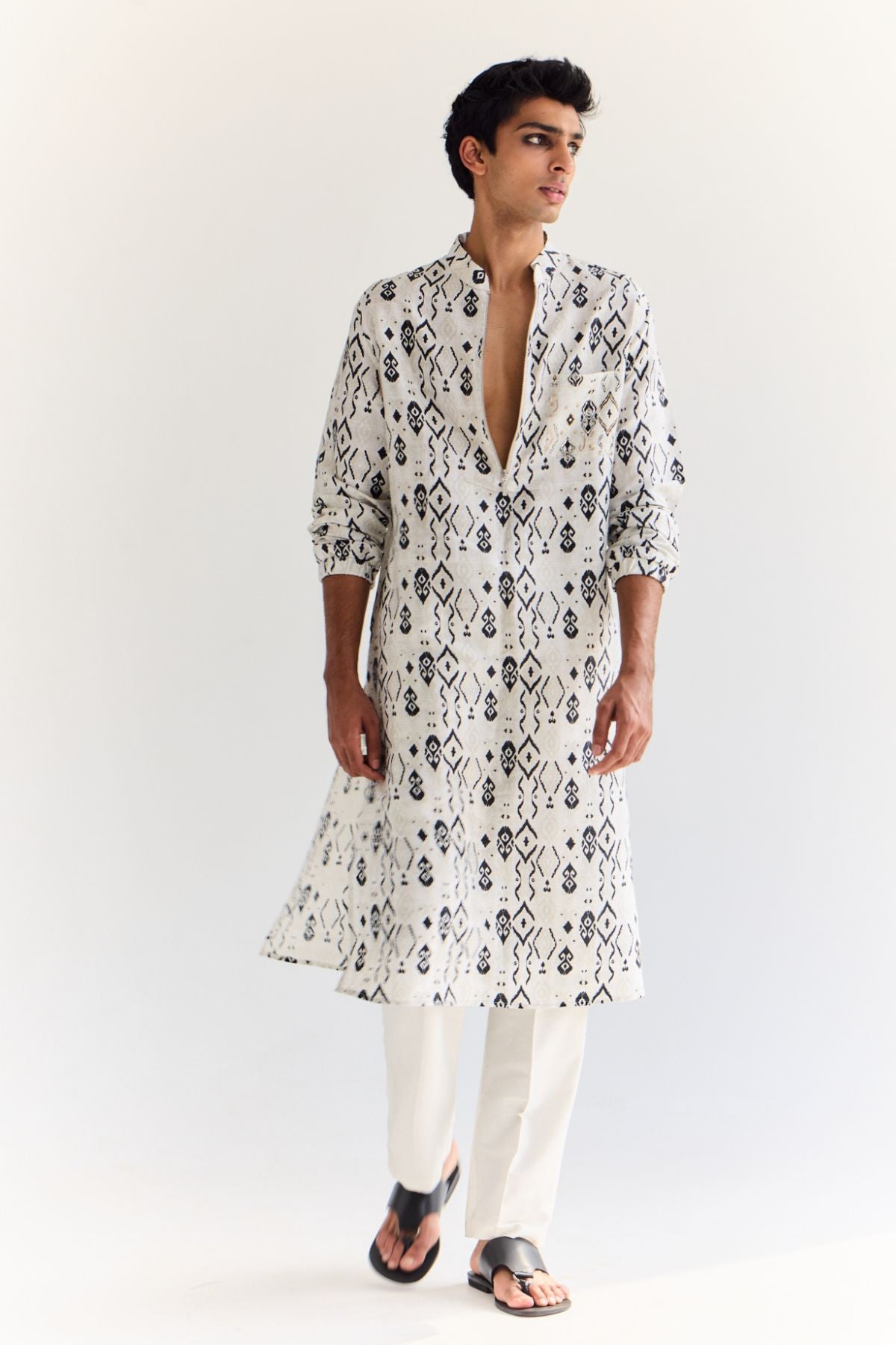 Tarin Off-White Ikat Print Dupion Silk Lifted Pocket Bomber Kurta And Off-White Cotton Silk Pants