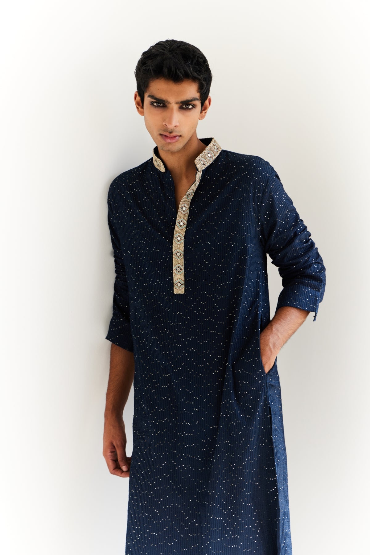 Zain Navy Blue Sequin Cotton Embroidered Kurta And Salwar