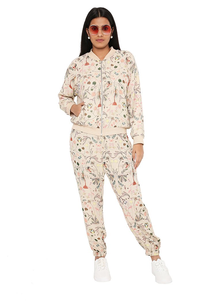 Khaki Colour Printed Art Georgette Bomber Set