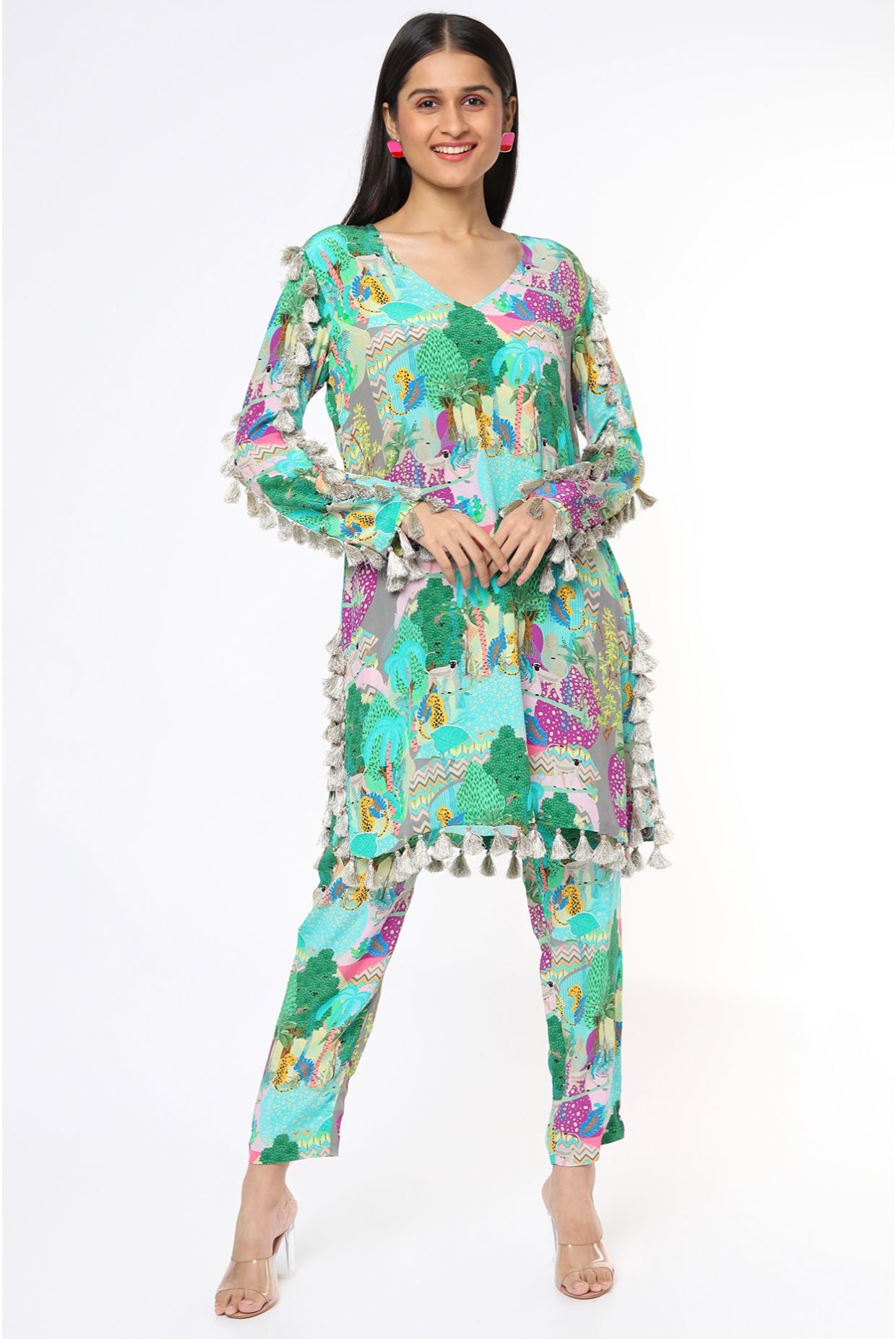 Grey Kuno Print Crepe Kurta With Cigarette Pant