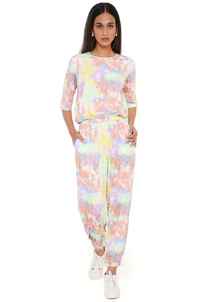 Green Tie And Dye Cotton Lycra Top And Jogger Pants