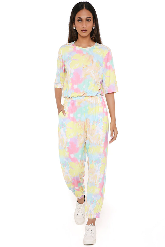 Yellow Tie And Dye Cotton Lycra Top And Jogger Pants
