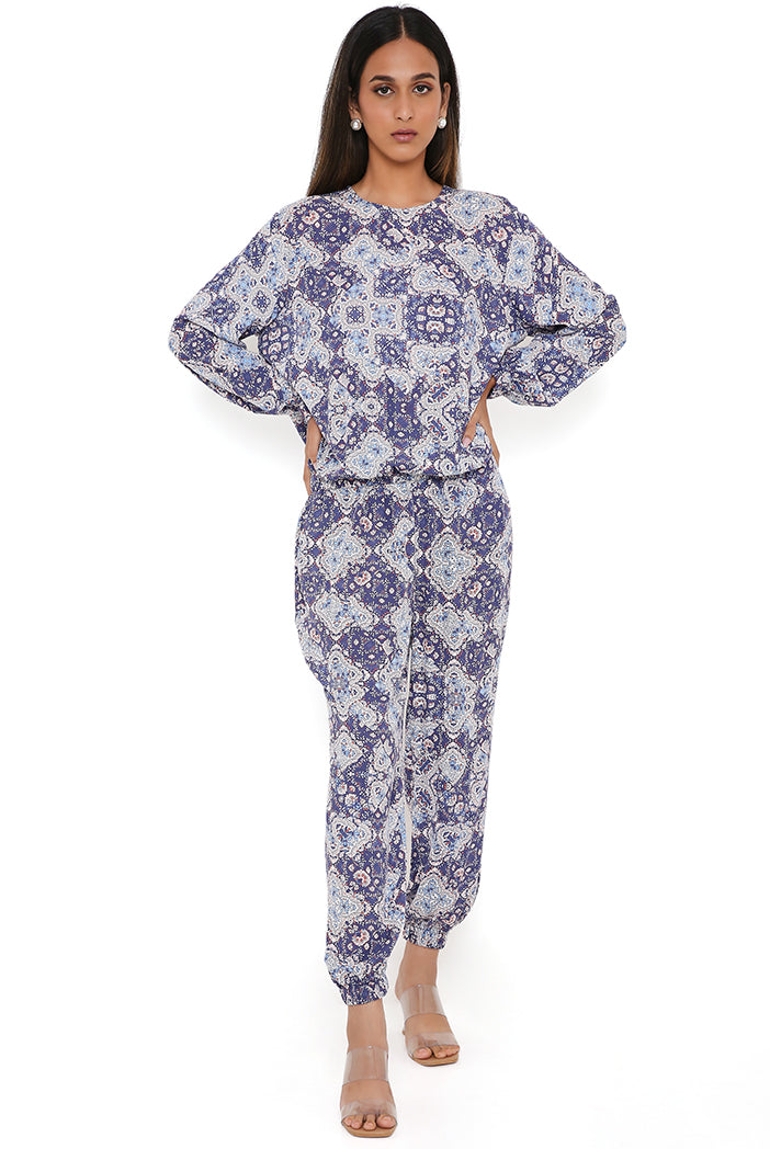Blue Floral Print Rayon Top And Jogger Pants