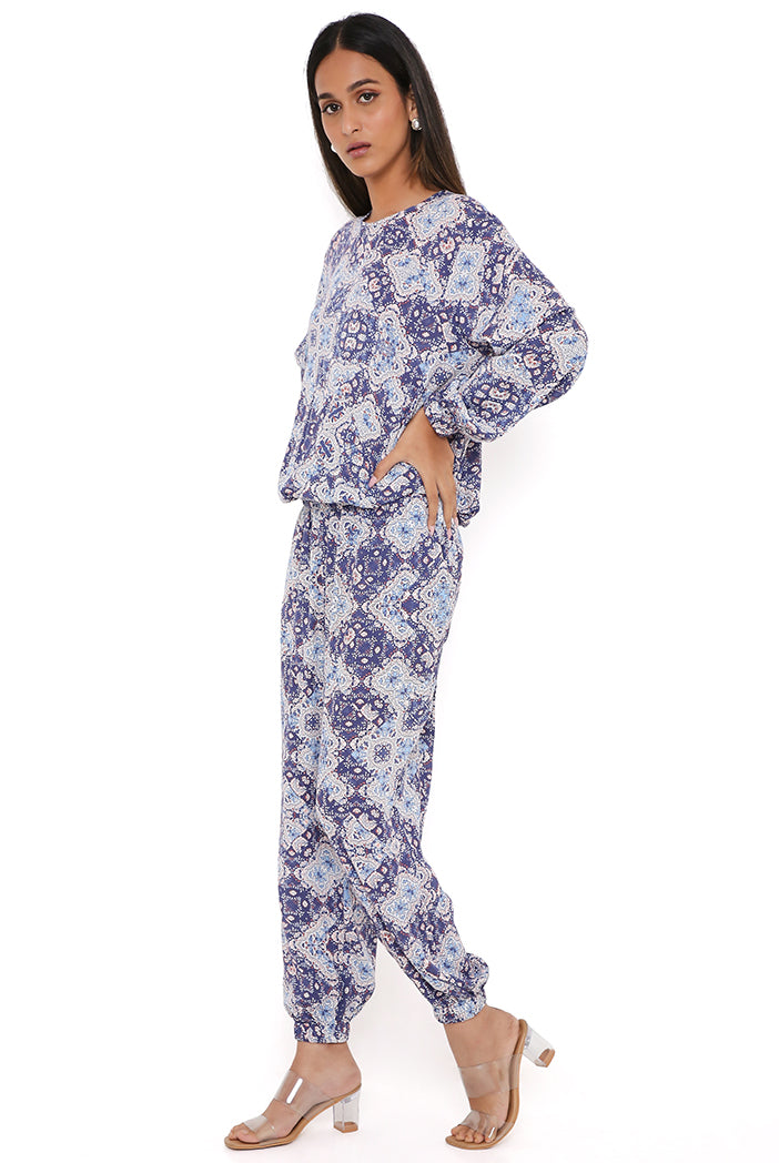 Blue Floral Print Rayon Top And Jogger Pants