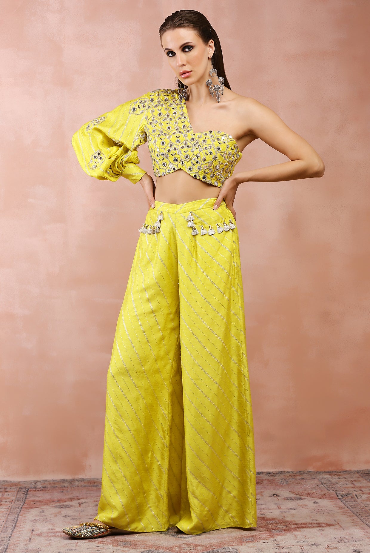 Lime Green Embroidered One Shoulder Top And Palazzo
