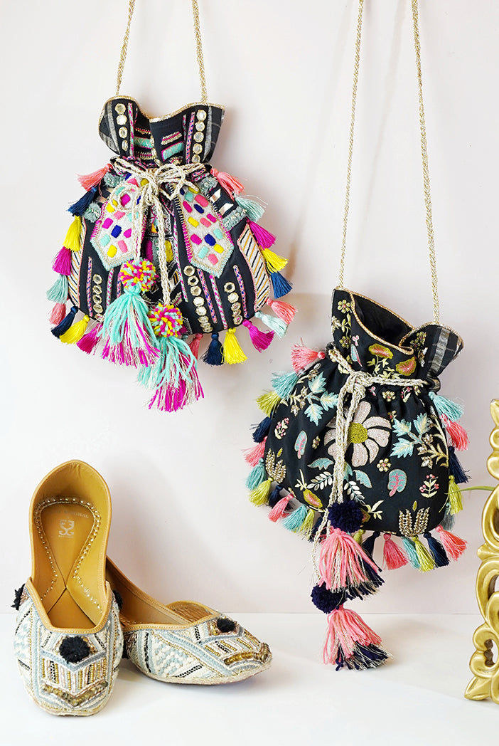 Black Crepe Kutch Embroidered Sling Potli Bag