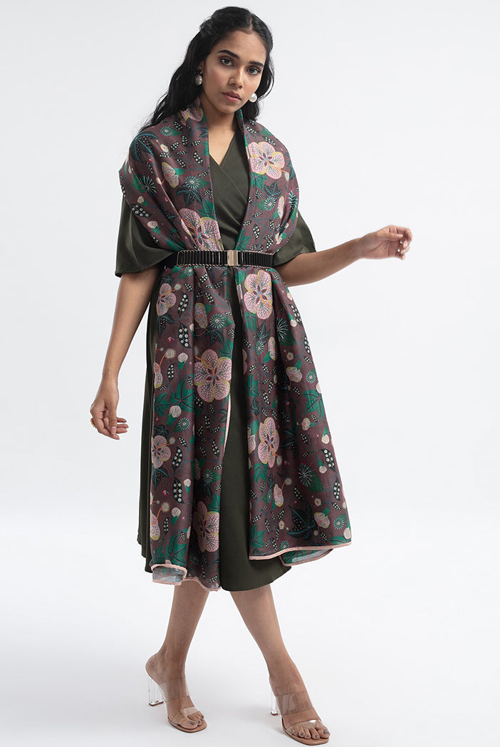 Brown Abutilon Print Silkmul Full Width Scarf