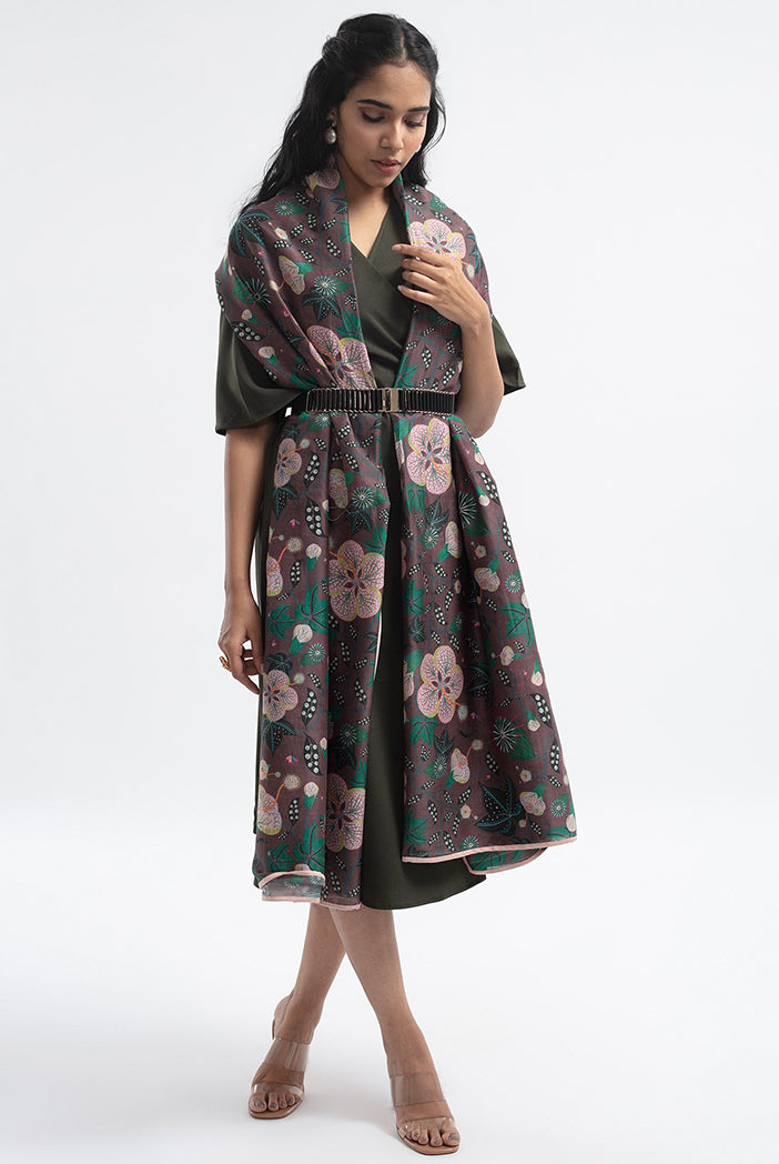 Brown Abutilon Print Silkmul Full Width Scarf