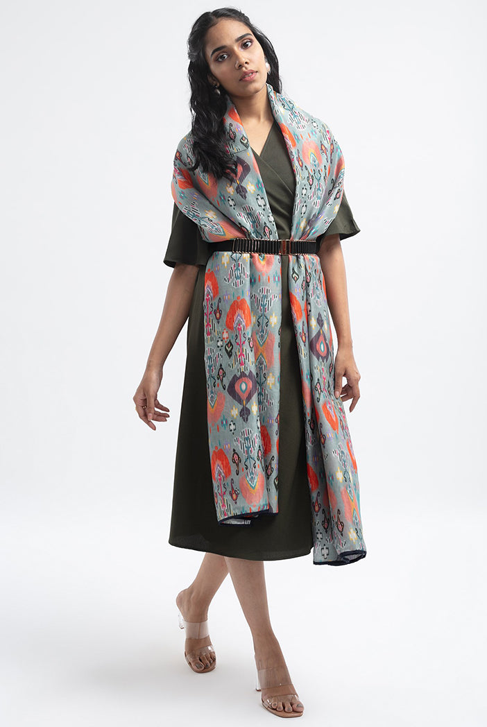Blue Ikat Garden Print Silkmul Full Width Scarf