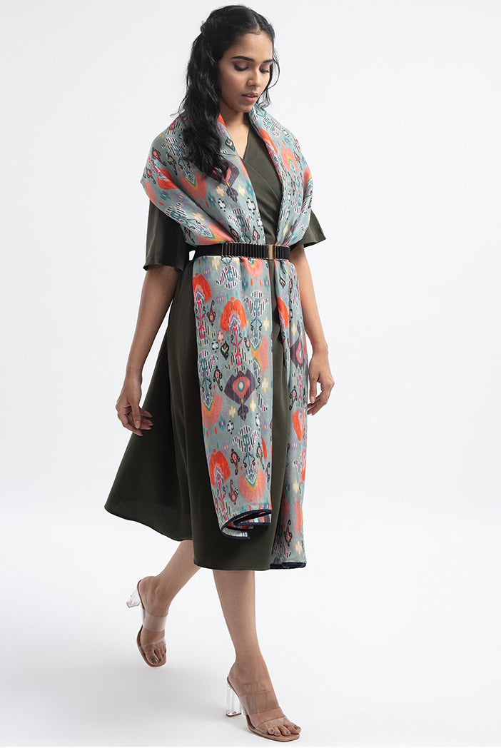 Blue Ikat Garden Print Silkmul Full Width Scarf