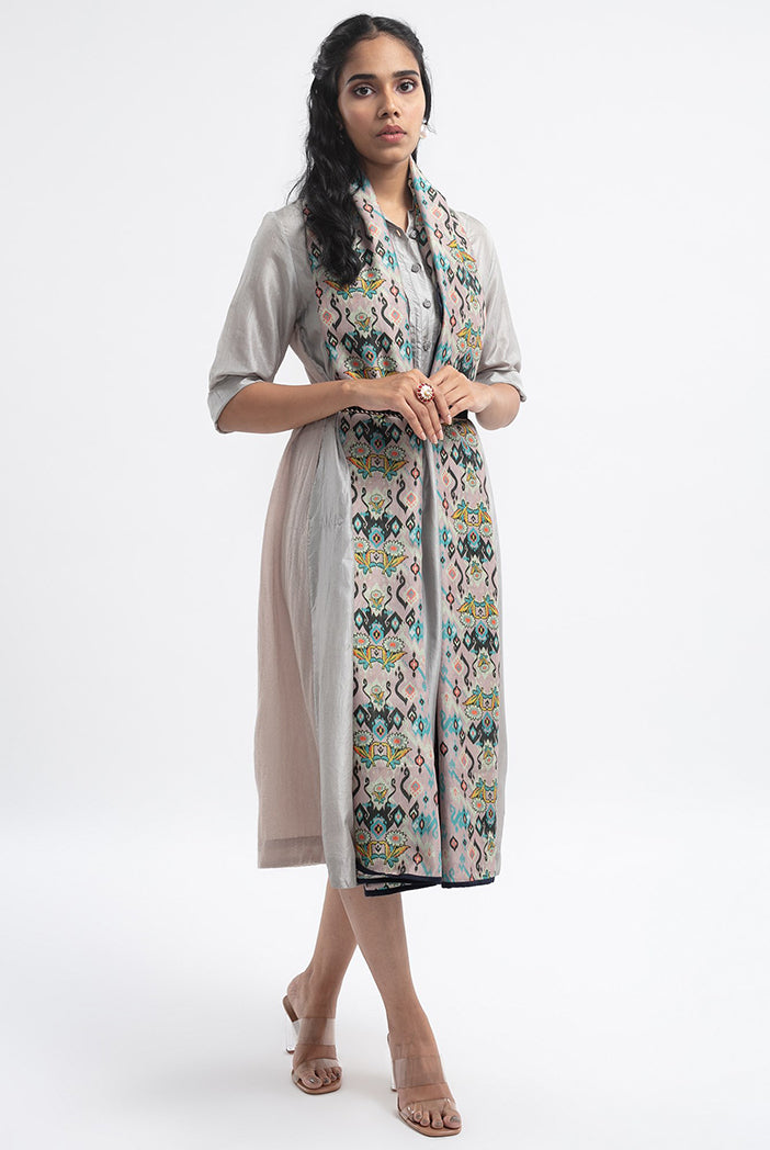Pink Ikat Love Print Silkmul Full Width Scarf