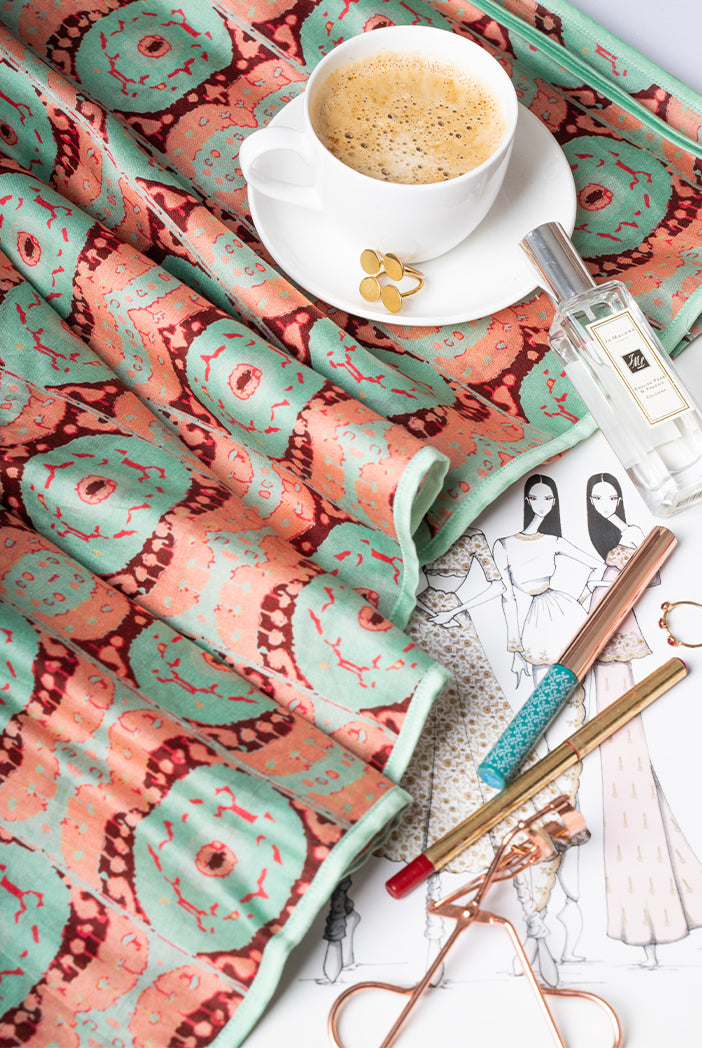 Coral Evil Eye Print Silkmul Full Width Scarf