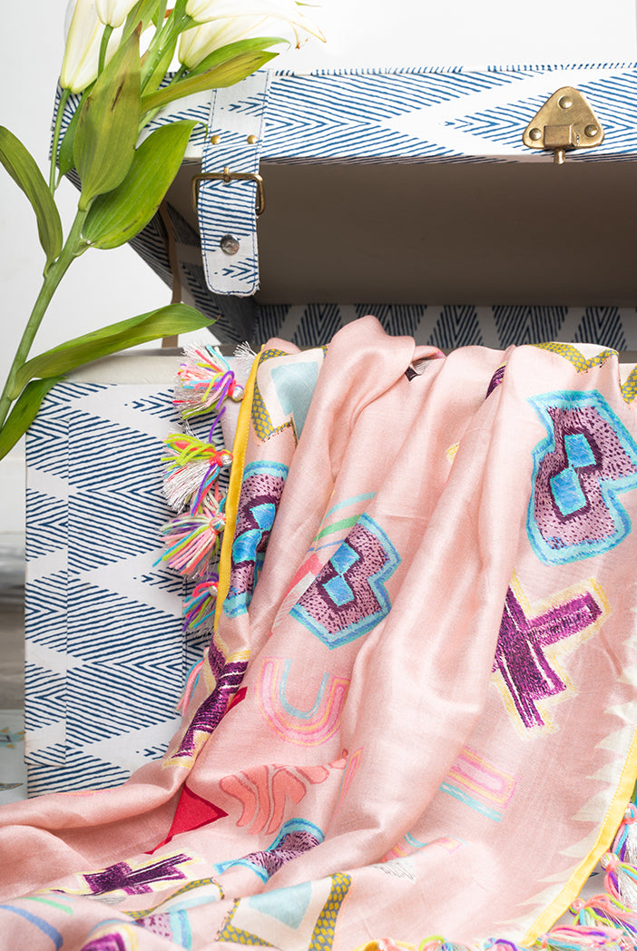 Pink Ikat Star Print Silkmul Full Width Scarf with Tassels