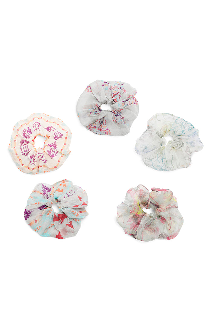 Set of 5 Assorted Organza and Silkmul Scrunchies in Signature Prints