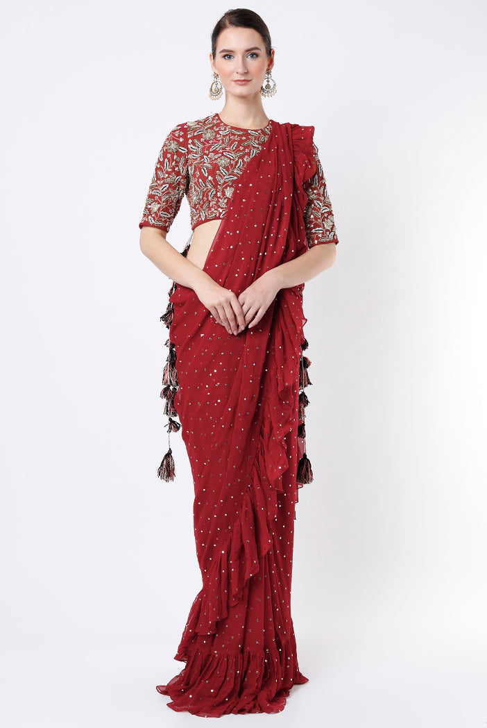 Maroon Embroidered Georgette Choli With Maroon Mukaish Pre Stitched Saree