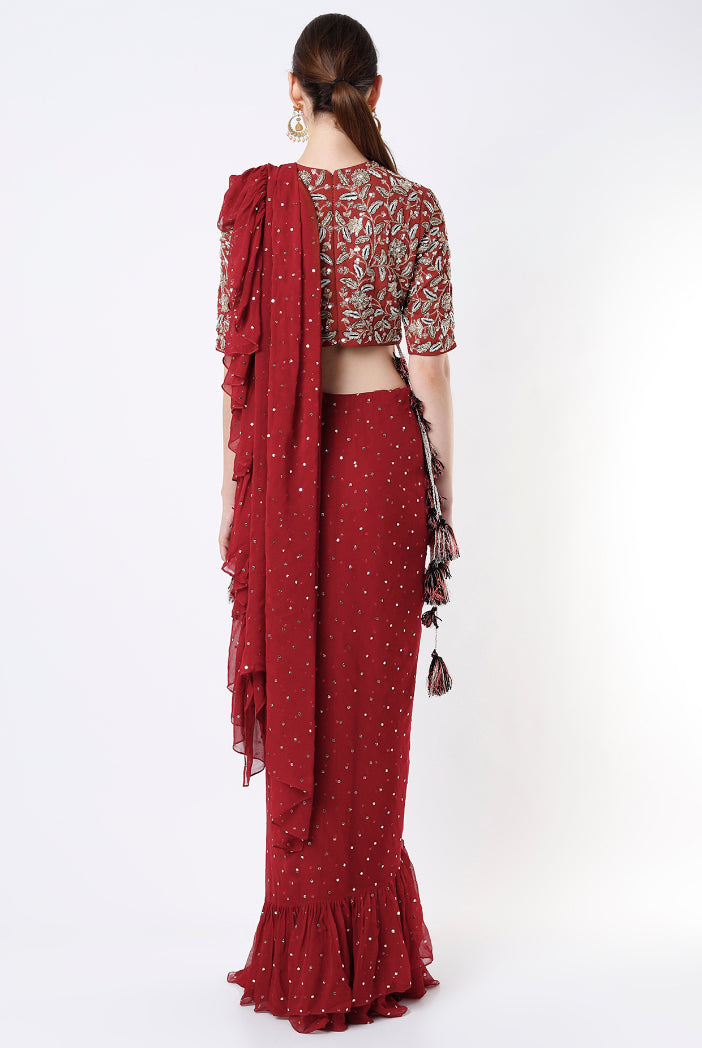 Maroon Embroidered Georgette Choli With Maroon Mukaish Pre Stitched Saree