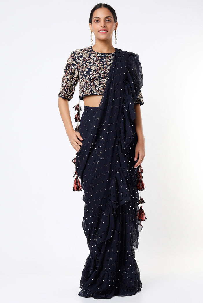 Navy Embroidered Georgette Choli With Black Mukaish Pre Stitched Saree