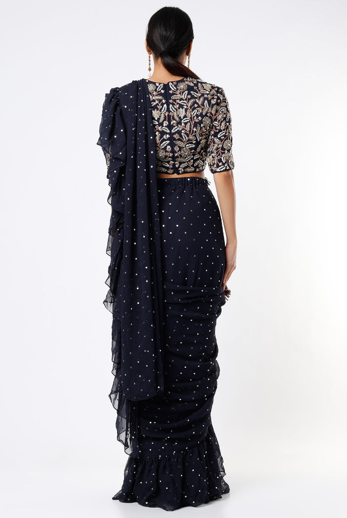 Navy Embroidered Georgette Choli With Black Mukaish Pre Stitched Saree