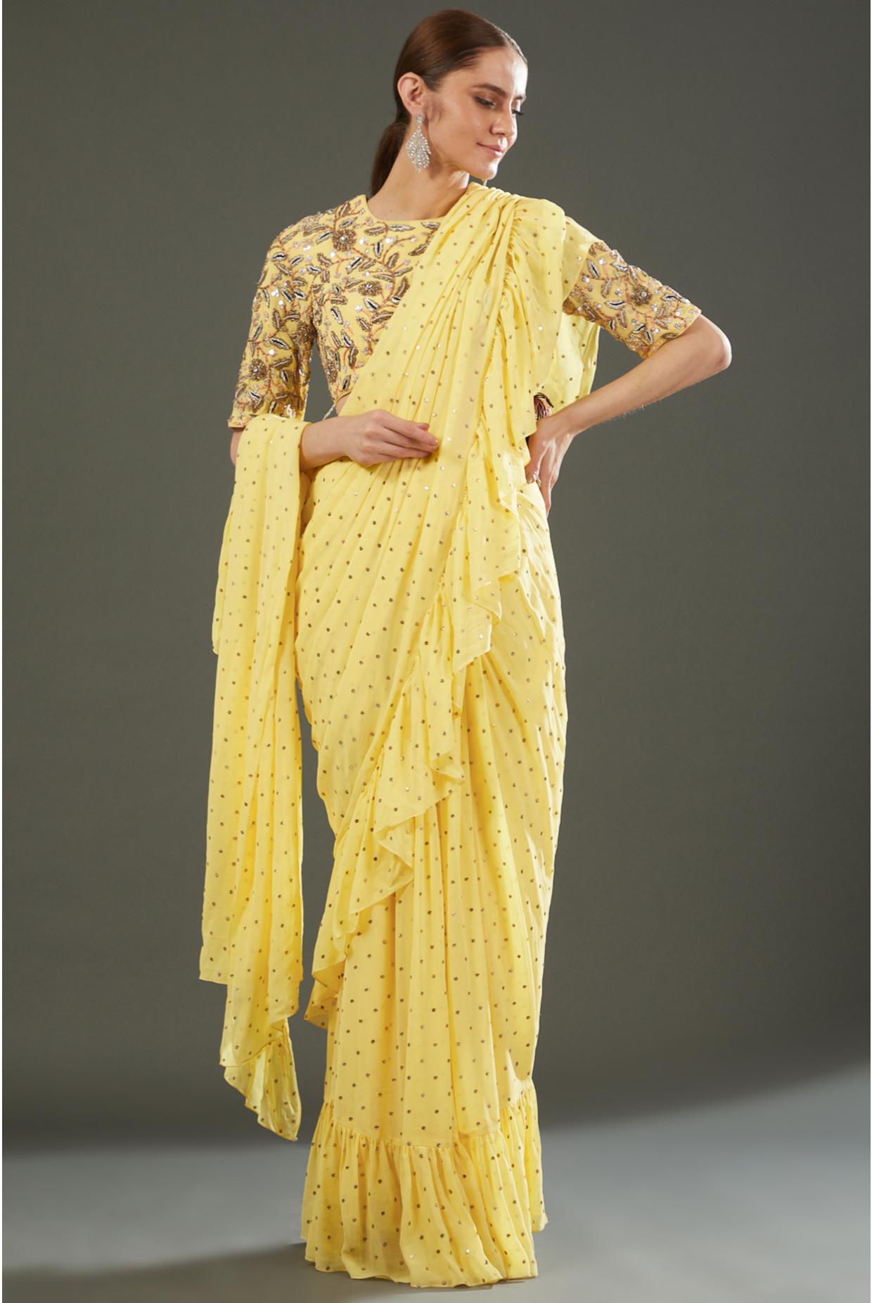 Yellow Embroidered Choli With Yellow Pre Stitched Saree