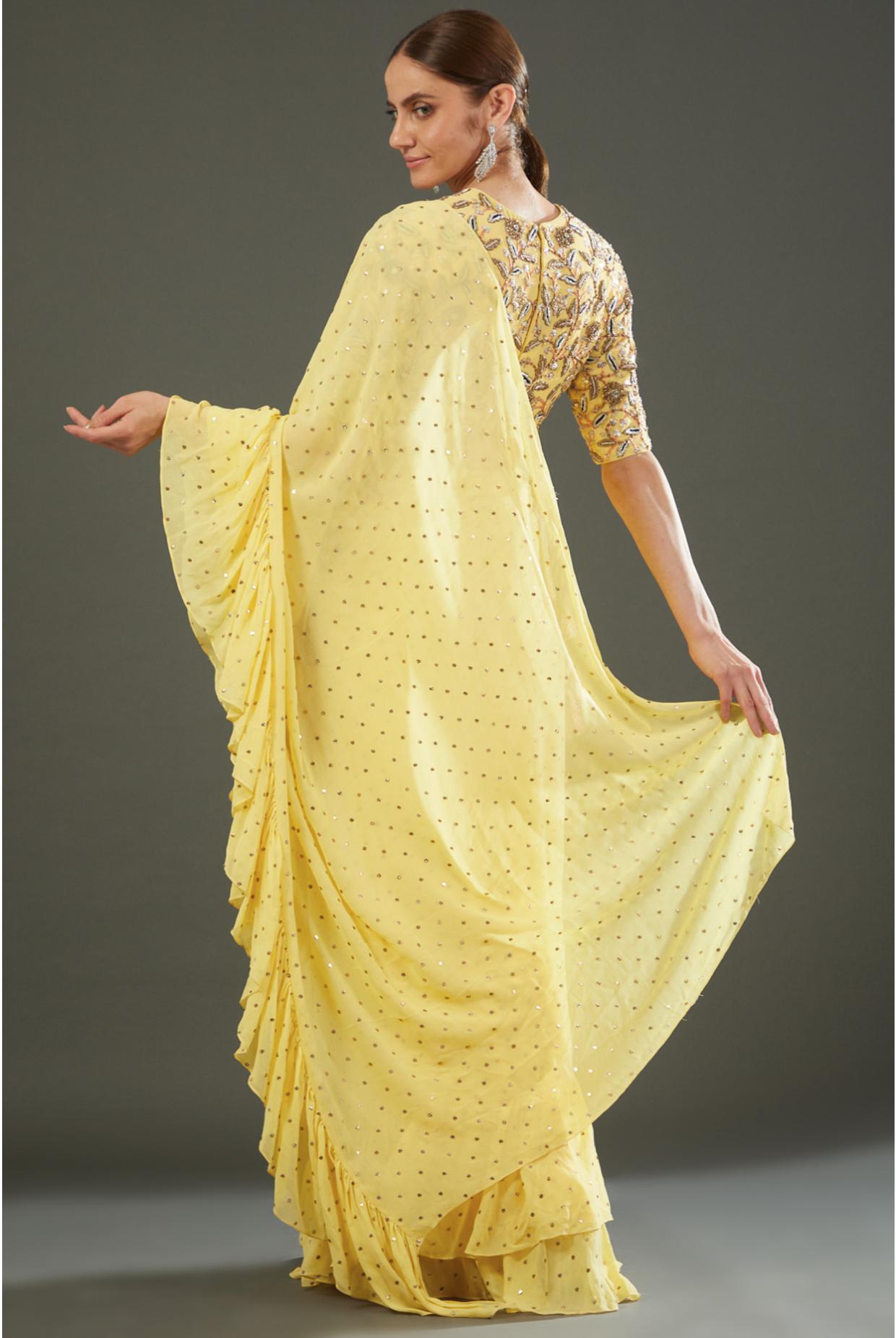 Yellow Embroidered Choli With Yellow Pre Stitched Saree