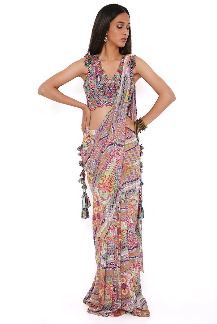 Purple Georgette Embroidered Choli With African Print Georgette Pre-Stitched Saree