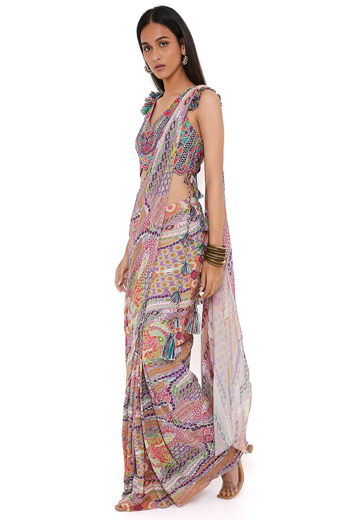 Purple Georgette Embroidered Choli With African Print Georgette Pre-Stitched Saree