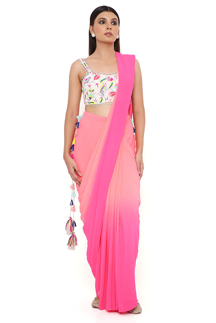 Stone Georgette Embroidered Bustier With Coral And Pink Shaded  Georgette Pre-Stiched Saree