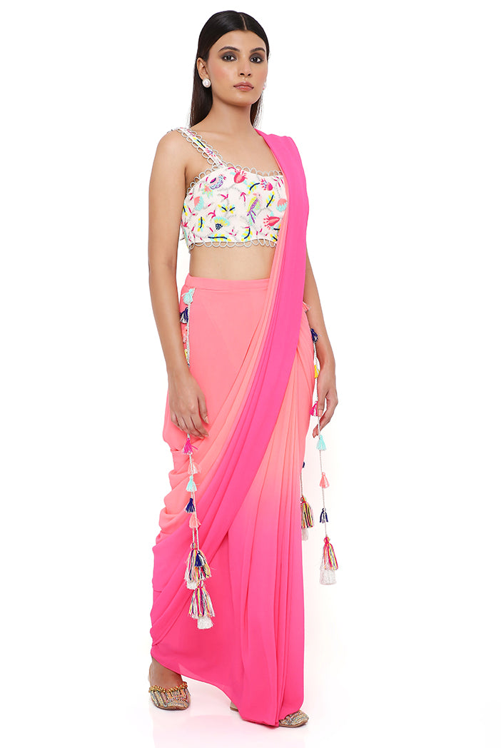 Stone Georgette Embroidered Bustier With Coral And Pink Shaded  Georgette Pre-Stiched Saree