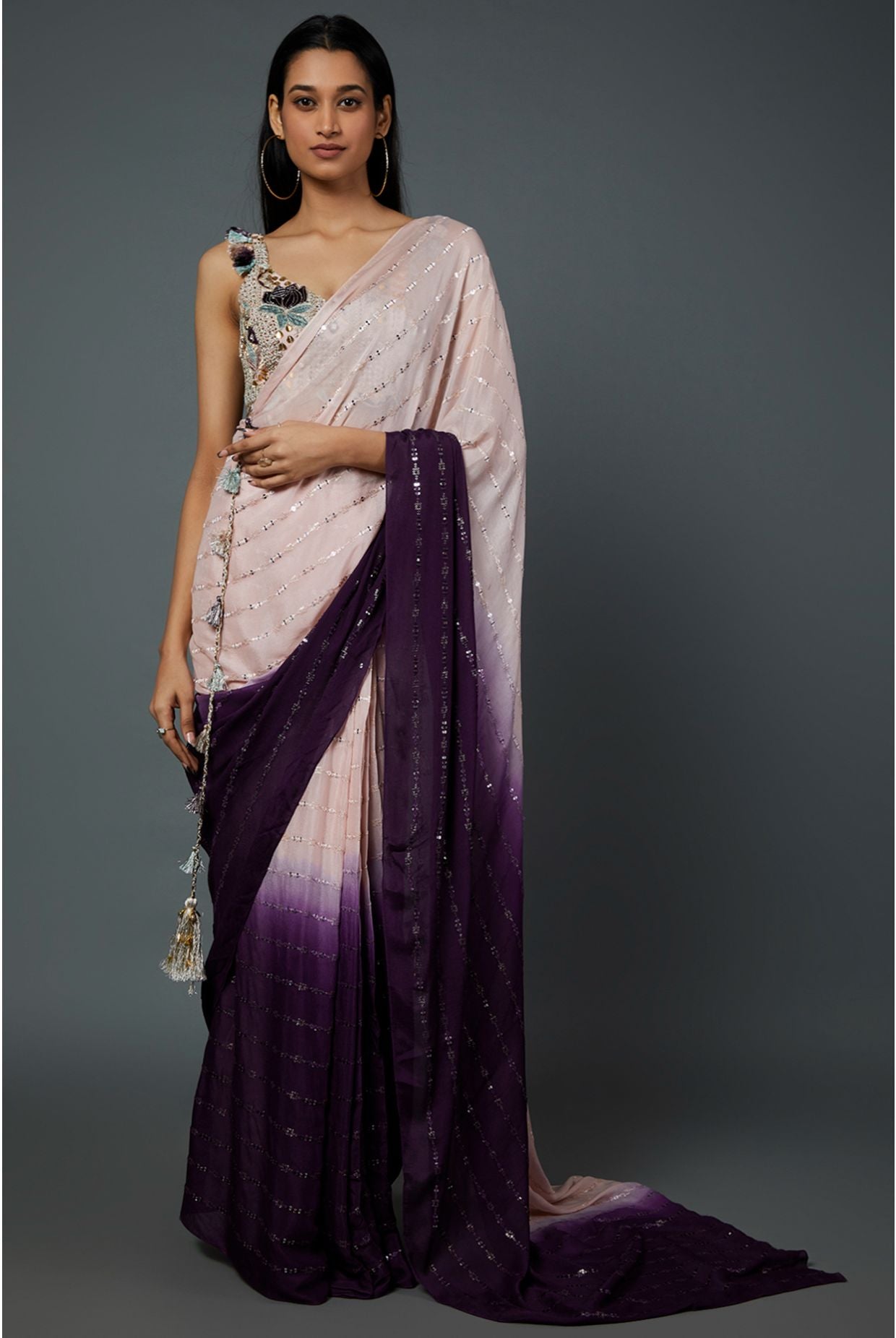 Blush Pink Georgette Embroidered Choli With Blush Pink And Purple Shaded Sequins  Georgette Pre-stiched Saree