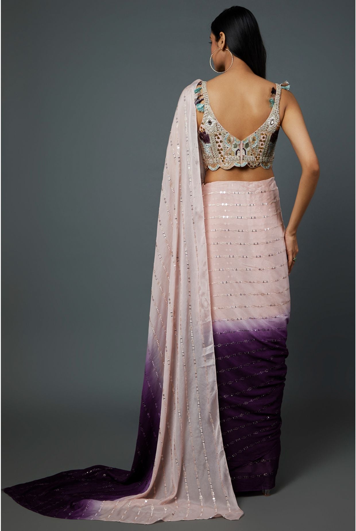 Blush Pink Georgette Embroidered Choli With Blush Pink And Purple Shaded Sequins  Georgette Pre-stiched Saree