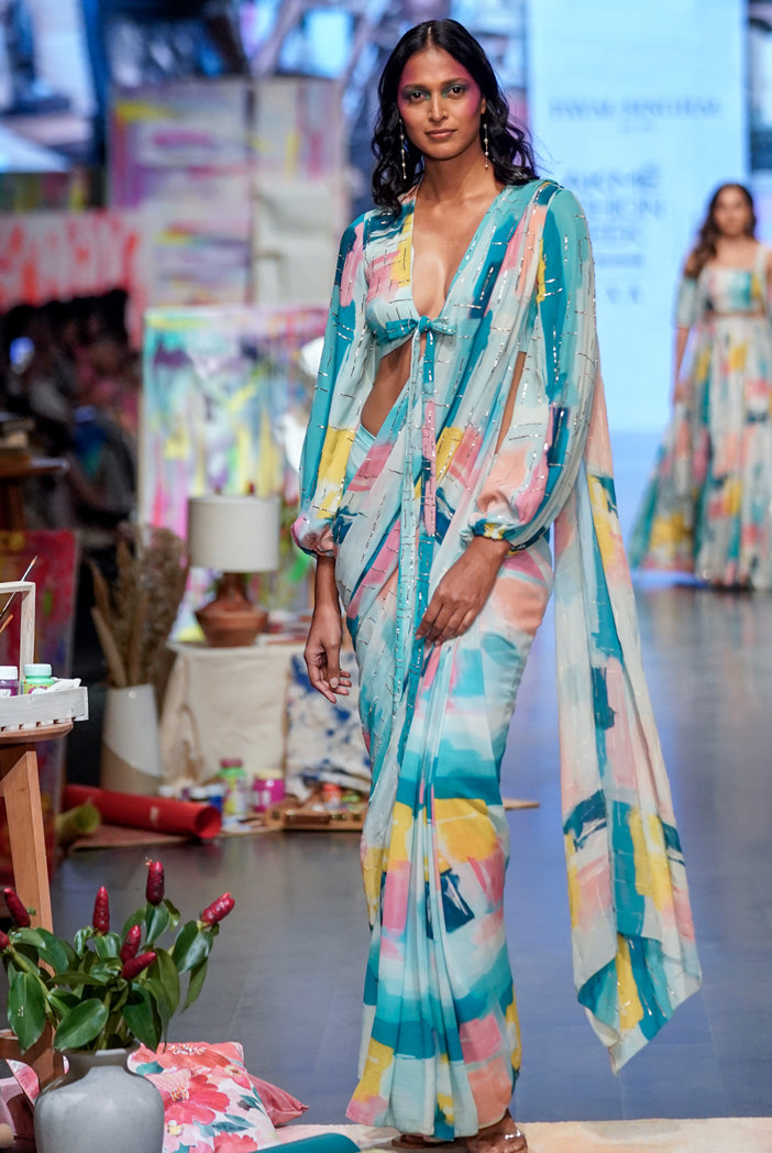 Naisha Painterly Print Georgette Embroidered Front Tie-Up Choli And Pre-stitched Saree With Embroidered Pallu