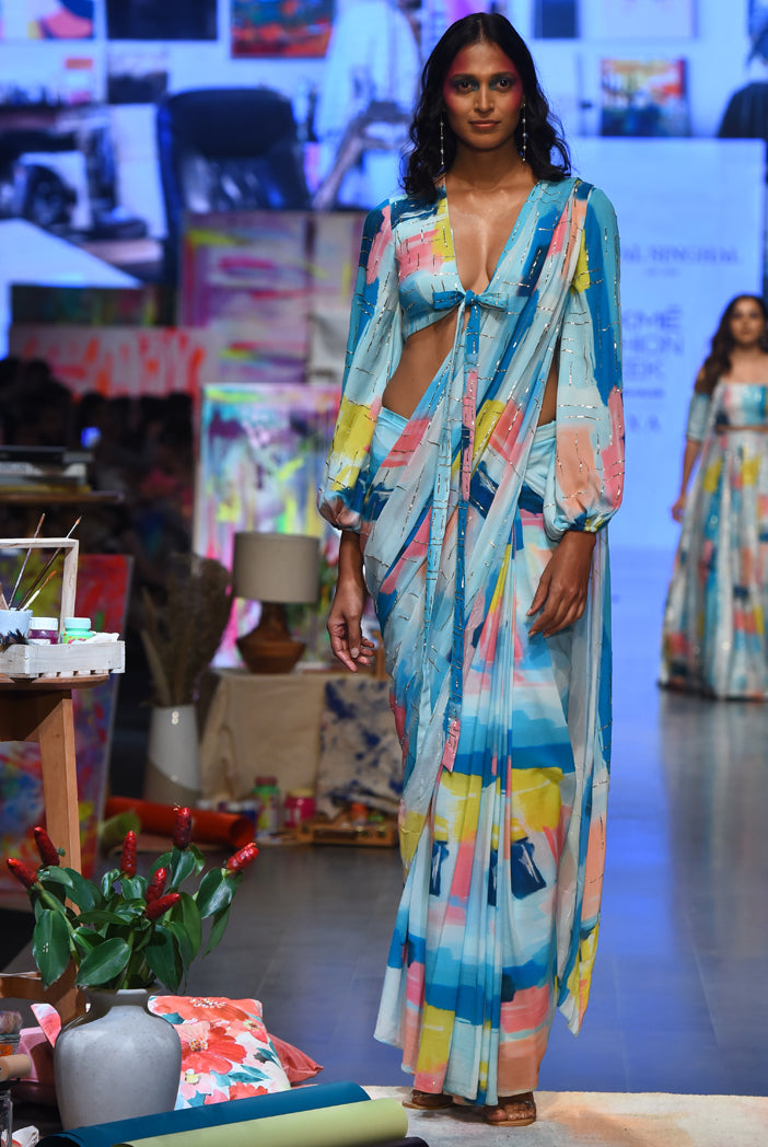 Naisha Painterly Print Georgette Embroidered Front Tie-Up Choli And Pre-stitched Saree With Embroidered Pallu