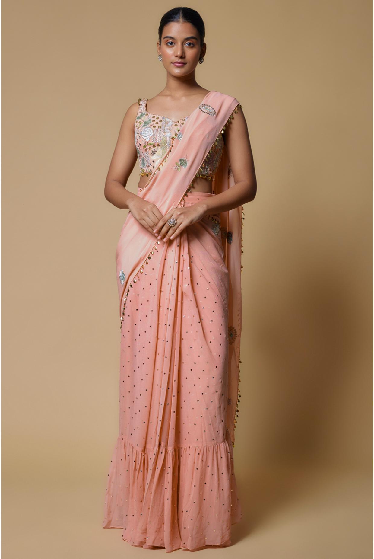 Rose Pink Embroidered Choli With Frill Pre-Stitched Saree