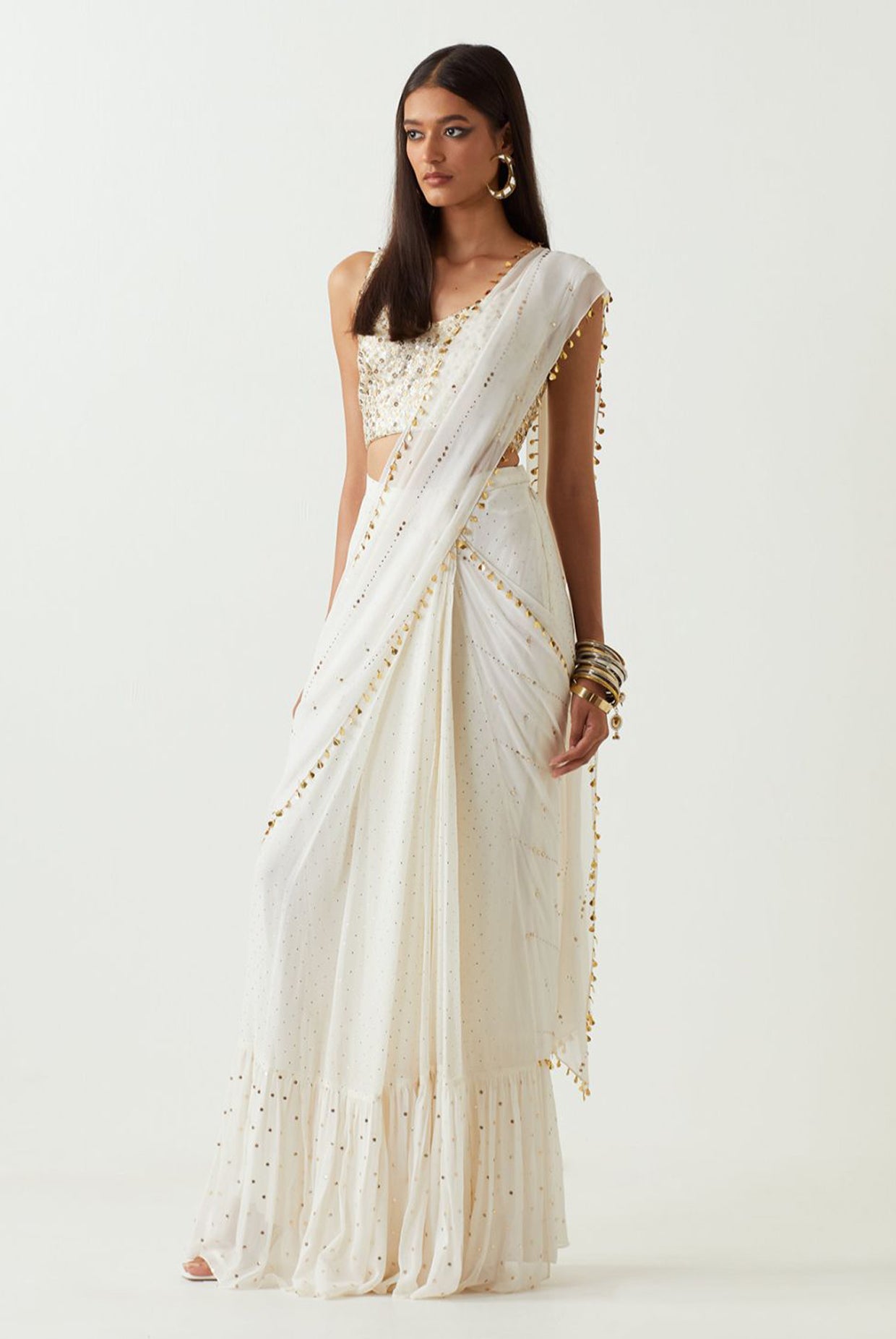 White Sequins Georgette Choli And Pre-Stitched Saree