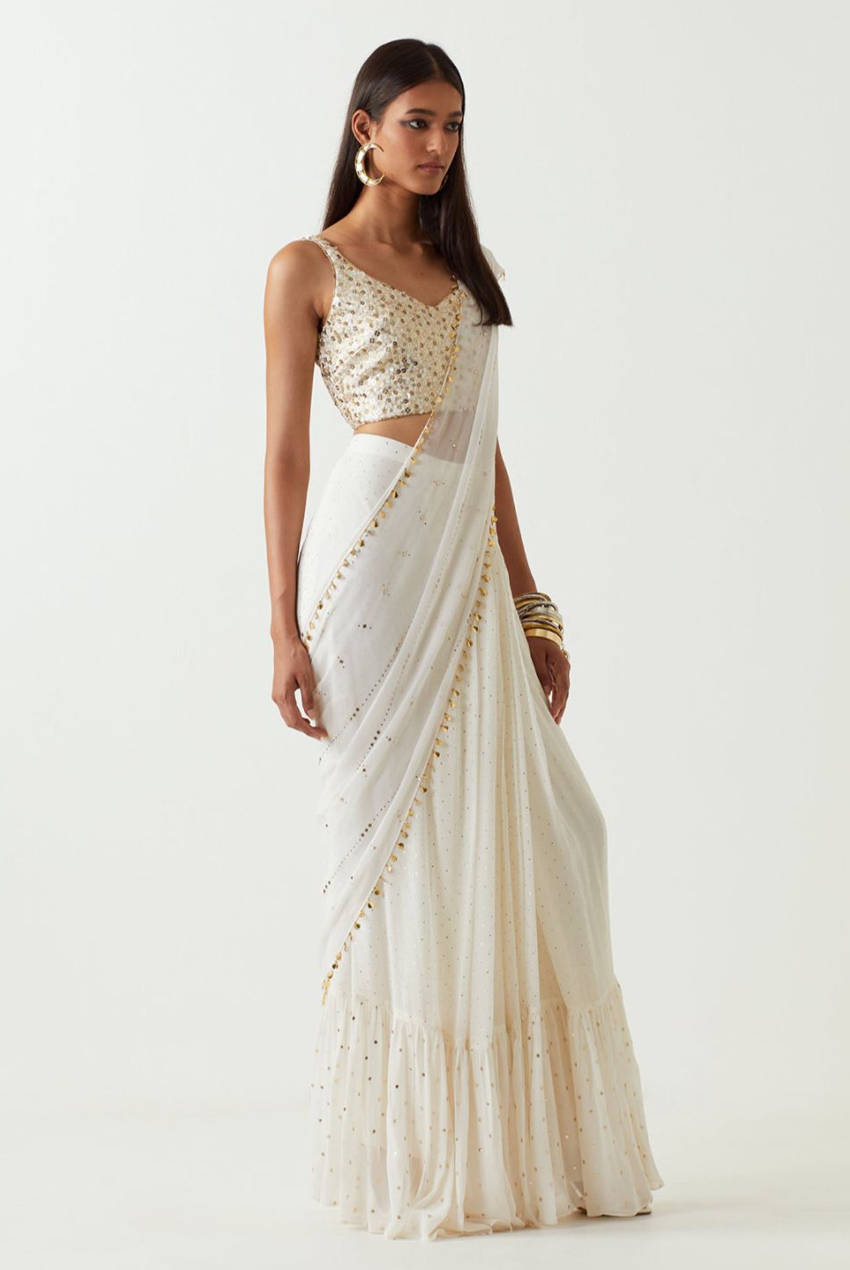 White Sequins Georgette Choli And Pre-Stitched Saree