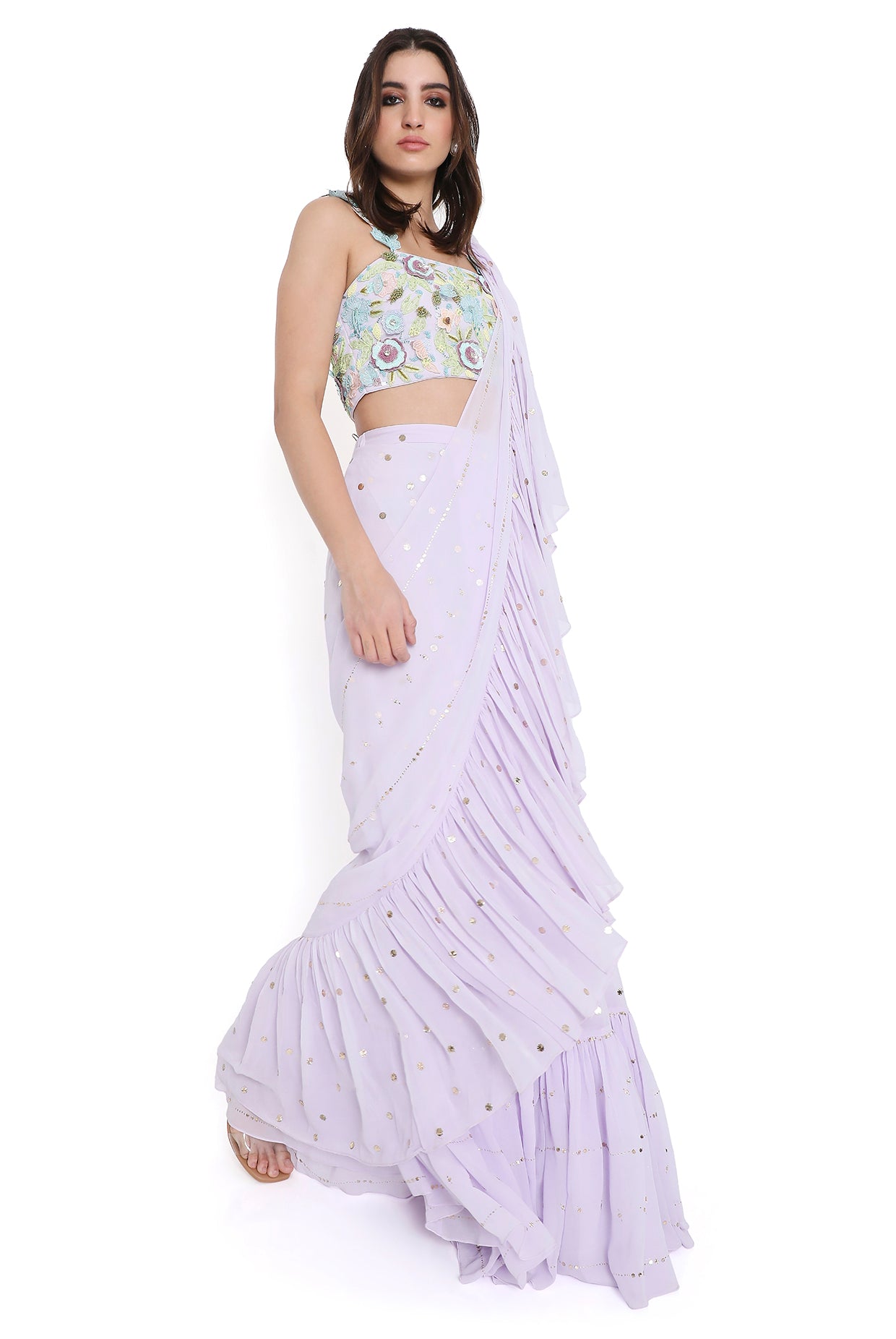 Paola Lavender Embroidered Choli With Pre-Stitched Ruffle Saree
