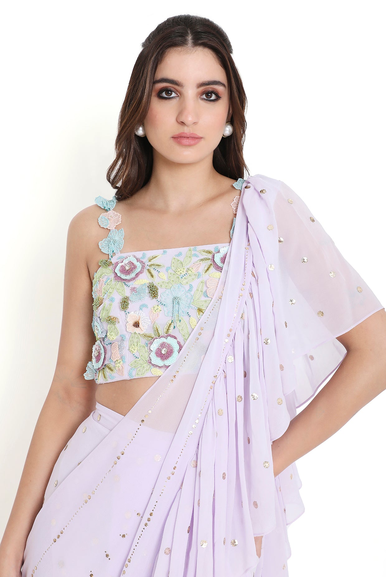 Paola Lavender Embroidered Choli With Pre-Stitched Ruffle Saree