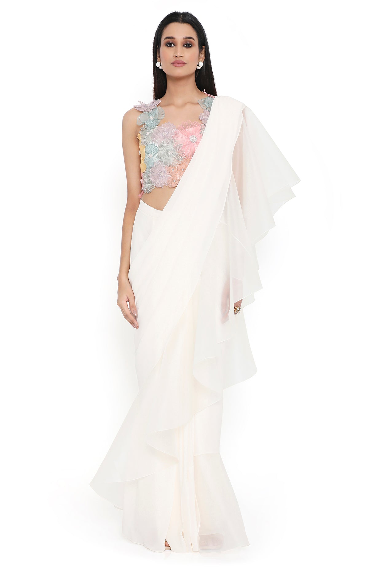 Ilsa Off White 3D Flower Embroidered Choli And Pre-Stitched Saree With Frill