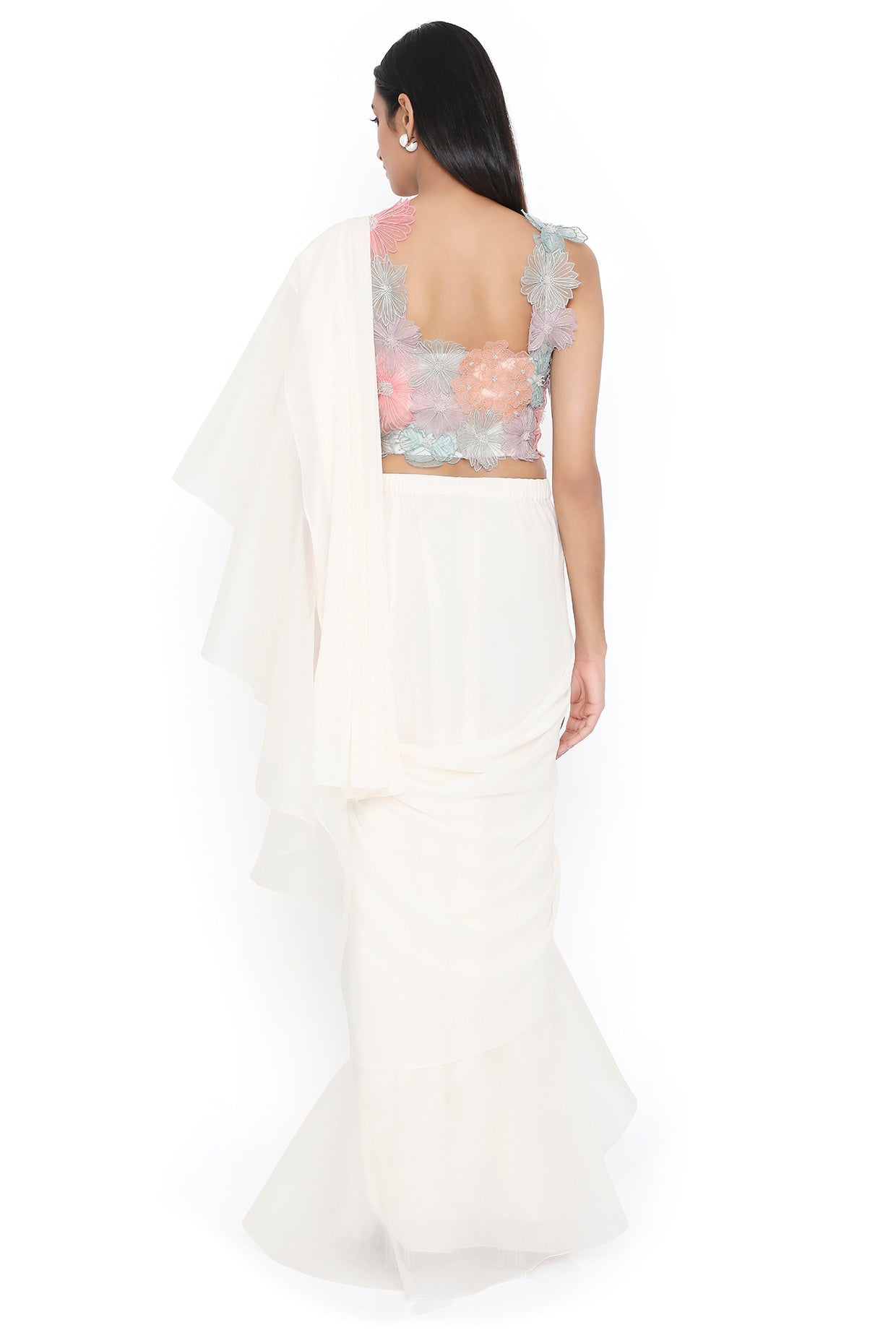 Ilsa Off White 3D Flower Embroidered Choli And Pre-Stitched Saree With Frill